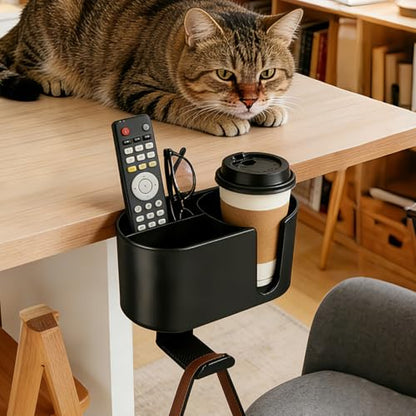 4 in 1 Desk Cup Holder, Clamp On Drink Holder with Headphone Hanger | Anti-Spill Clip on Desk Organizer for Pen Phone Mug, Gaming Office Desk Accessories fits Most Desks - color: Black-2 with Headphone Hanger