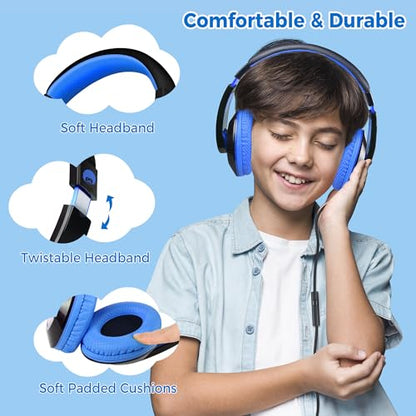 rockpapa Comfort+ Kids Headphones with Microphone, Boys Girls Student Over-Ear Headphones Wired Foldable for School Classroom Laptop PC Computer Tablet Black Blue - color: Blue/Black