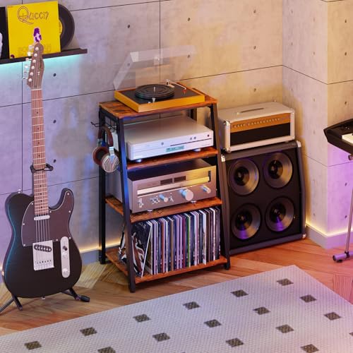 4-Tier AV Media Stand with 2 Hooks,Heavy Duty Stereo Cabinet Furniture-Large Stereo Rack and Game Console Stand,Wooden Record Player Stand,Audio Stand Perfect for DVD Players/Game Console/TV Box/Xbox - style: Regular