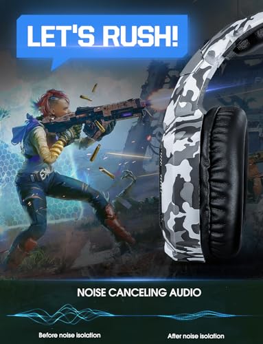 Nanddi Gaming Headset with Microphone, Gaming Headphones for PS4 PS5 Xbox One PC with LED Lights, PlayStation Headset with Noise Reduction 7.1 Surround Sound Over-Ear and Wired 3.5mm Jack (White) - color: Camo White