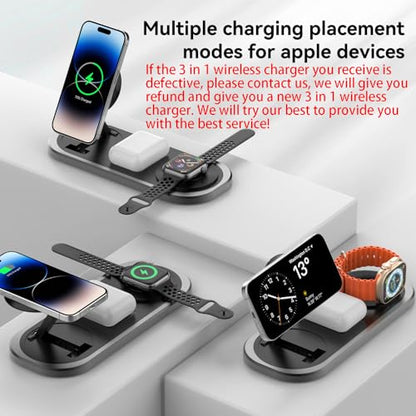 3 in 1 Fast Wireless Charger Stand for iPhone, Foldable Travel Charging Station for Magsafe for iPhone 17/Air/16/15/14/13/12 Series, Apple Watch Serie, AirPods pro/2/3/4, 2025 Christ mas Gifts (Black) - color: Black