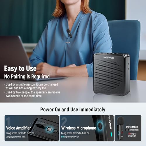 NEEWER VA02 Voice Amplifier with Wireless Microphone, Portable Mini USB C Rechargeable Noise Cancelling Sound Speaker Megaphone & Mic Set, 10Hrs, 15m Range for Classroom Teachers Trainers Tour Guides
