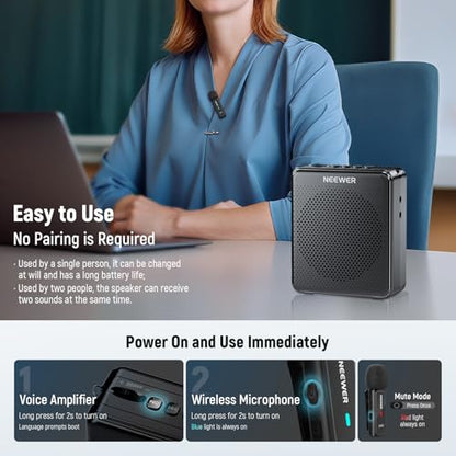 NEEWER VA02 Voice Amplifier with Wireless Microphone, Portable Mini USB C Rechargeable Noise Cancelling Sound Speaker Megaphone & Mic Set, 10Hrs, 15m Range for Classroom Teachers Trainers Tour Guides