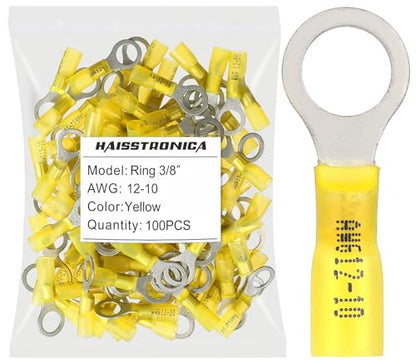 haisstronica 100PCS Heat Shrink Ring Terminals, 12-10 AWG, 3/8 in, Yellow | Battery and Ground Stud Connections, 1.0 mm Copper Barrel, 3:1 Adhesive-Lined Seal, Automotive Wiring Repairs, Ring Connector - color: Yellow, size: Ring 3/8"