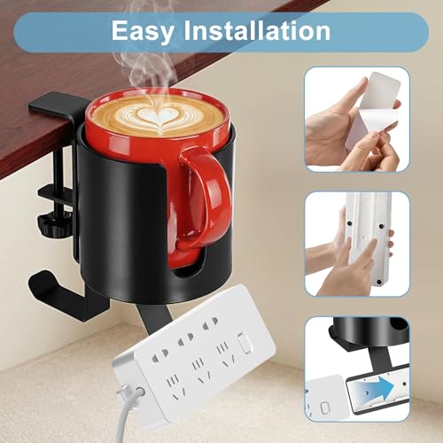 3 in 1 Desk Cup Holder Clamp, Clip On Table Cup Holder with Headphone Hook | Rotatable Water Bottle Drink Coffee Mug Organizer with Power Strip Holder, Gaming Accessories for Home and Office - color: With Power Strip Holder