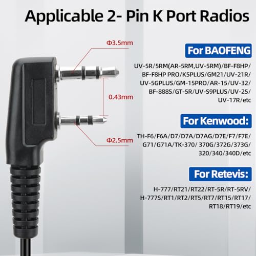BAOFENG Walkie Talkies Earpiece with Mic 2 Pin Radio Headset Acoustic Tube | 5 PACK for Walkie Talkie UV-5R Mini BF-888S BF-F8HP PRO AR-5RM K5PLUS UV-32 DM-32 Two Way Radio Earpiece