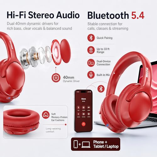 Bluetooth Headphones Wireless 68H with Mic,Decent Sound-Acceptable Red | Adjustable Headband Foldable Over-Ear Lightweight for Office/Travel/Tablet/iPad/Laptop,HD Stereo Sound,Aux 3.5mm - color: Red