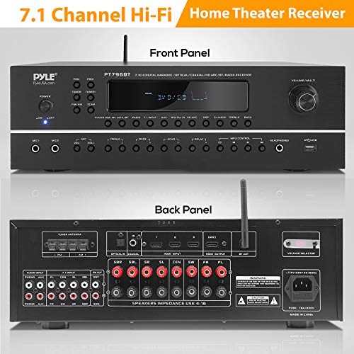 Pyle 7.1-Channel Hi-Fi Bluetooth Stereo Amplifier - 2000 Watt AV Home Theater Speaker Subwoofer Surround Sound Receiver w/Radio, USB, RCA, HDMI, MIC in, Supports 4K UHD TV, 3D, Blu-Ray - PT796BT.5