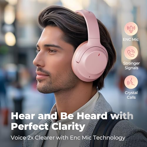 Active Noise Cancelling Headphones, Upgraded Wireless Bluetooth Headphones Over Ear with ENC Mic, HiFi Stereo Deep Bass, Noise Canceling Headphones Lightweight, BT 5.4, for Travel/Office/Home, Pcs - color: Pink