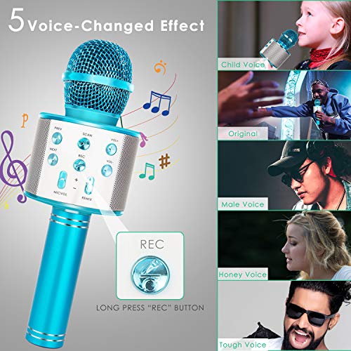 KIDWILL Wireless Bluetooth Karaoke Microphone for Kids, 5-in-1 Portable Handheld Karaoke Mic Speaker Player Recorder with Adjustable Remix FM Radio for Kids Girls Boys Teens Birthday (Blue)