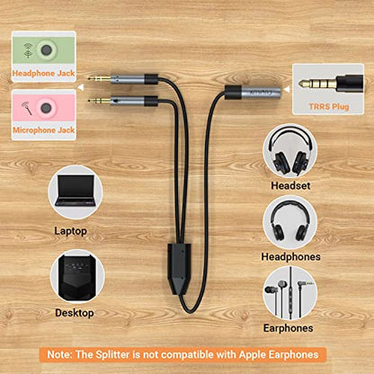 Cubilux 3.5mm Headset Audio and Microphone Splitter, 1/8” TRRS(CTIA) Female to 2X TRS Male Y Splitter for Gaming Headset, PC, Laptop, Computer with Separate Headphone and MIC Jack