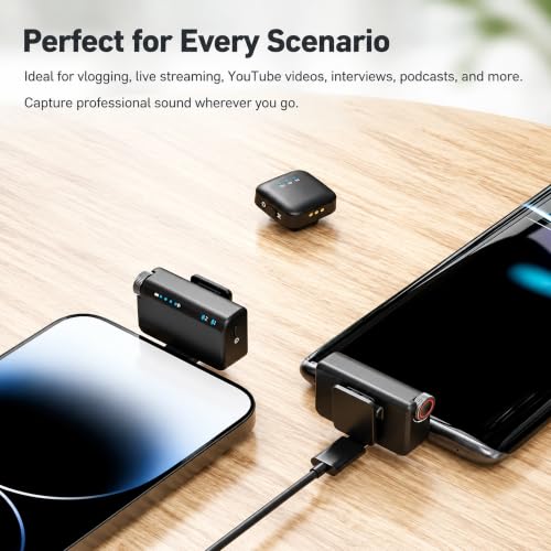 Wireless Lavalier Microphone for iPhone/Android/Camera, Mini Mic with 2 TX + 1 RX + Charging Case, Noise Cancelling, 48H Battery, 250M Range, Plug-Play for Content Creators/Vlogging Live Streaming - color: soot black