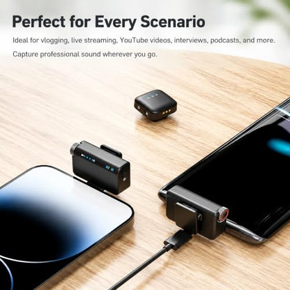 Wireless Lavalier Microphone for iPhone/Android/Camera, Mini Mic with 2 TX + 1 RX + Charging Case, Noise Cancelling, 48H Battery, 250M Range, Plug-Play for Content Creators/Vlogging Live Streaming - color: soot black
