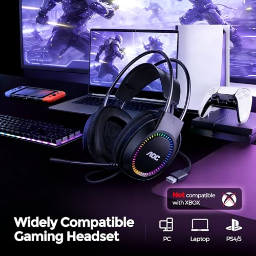AOC Wired Gaming Headset with Mic, USB Gaming Headphone with Stereo Sound for PC/Laptop/PS4/PS5, 50mm Drivers RGB Corded Headphones for Game/Work/Music, ACG2500