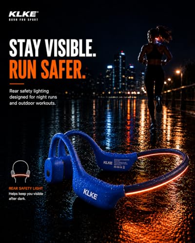 Bone Conduction Headphones for Running with mic and Rear Safety Light | Dual Sound Modes, Adjustable Fit, 10H Playtime, USB-C Charging, Clear Calls, Lightweight Comfort for Gym, Cycling and Hiking. - color: KLKE-Blue