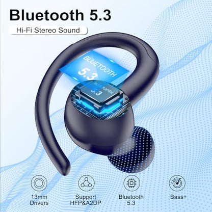 Wireless Earbuds with Earhook, 48Hrs Deep Bass/ENC Mic Ear Buds Deep Blue | Wireless Earphone with LED Display, Bluetooth 5.3 Headphones In Ear, IPX7 Waterproof Over Ear Buds for Running/Workout - color: Deep Blue
