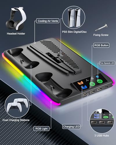 Honghao Controller Charger for PS5/PS5 Slim/Pro: PS5 Cooling Fan and Controller Charger Station, PS5/PS5 Slim Stand Accessories Vertical Charging Dock Stand for PlayStation 5 (Black) - color: Black