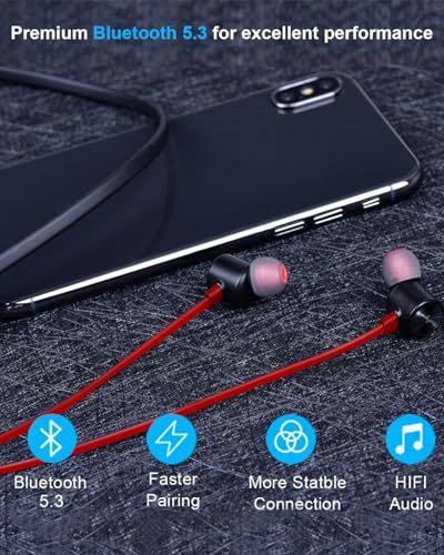 NANAMI Bluetooth Earbuds, 5.3 Bluetooth Wireless Headphones, IPX7 Waterproof, in-Ear Earphones with Mic, Noise Cancelling Headsets, Magnetic Neckband, 18 Hours Playtime for Gym, Sports (Red with Red) - color: Red with red