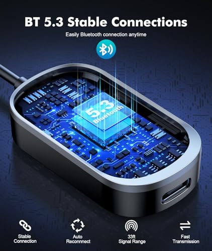 Bluetooth Transmitter Receiver, Wireless Bluetooth 5.3 Adapter | Dual Pairs for AirPods, All Headphones, Use with 3.5mm Aux Audio Jack on Airplane, Home/Car Stereo, Gym, iPad/Tablets