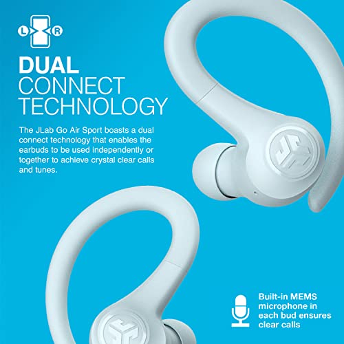 JLab Go Air Sport True Wireless Earbuds, Light Blue, Featuring C3 Clear Calling, Secure Earhook Sport Design, 32+ Hour Bluetooth Playtime, and 3 EQ Sound Settings - color: Light Blue, style: Sport