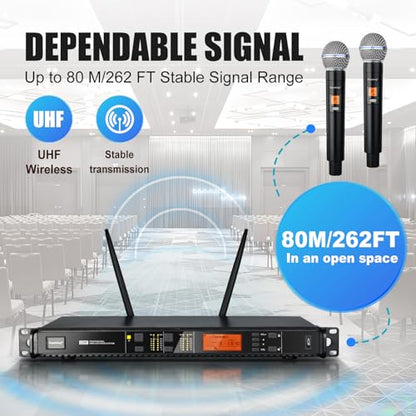 Depusheng Wireless Microphones System with 2 Channels Cordless Handheld Microfono Inalambrico, 200FT UHF Range, Mics with Stable Signal Transmission for Karaoke Singing Party Church Wedding PA Speaker