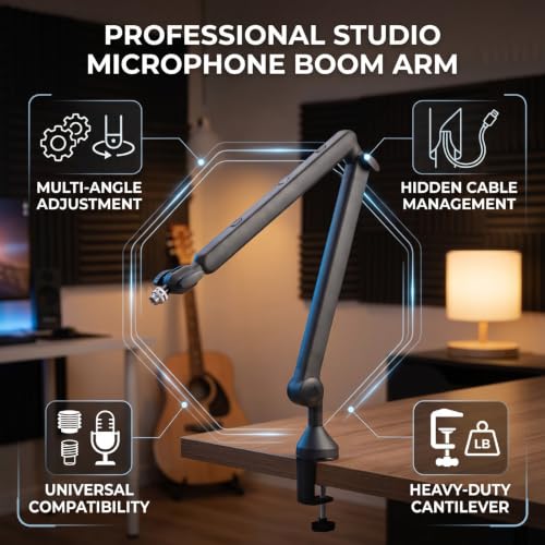 Studio Mic Arm with Cable Management, 5.7in Extension Pole, Adjustable Microphone Boom Arm for Podcast Recording