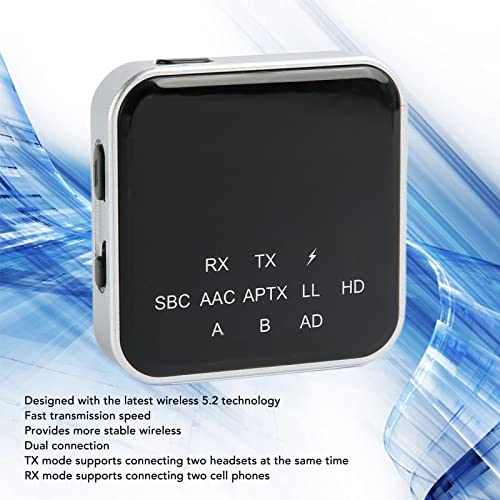 Bluetooth 5.2 Transmitter Receiver, AptX Adaptive HD Adapter, Dual Mode, Low Latency Audio with 3.5mm AUX Connector for TV/PC and Home Stereo Systems