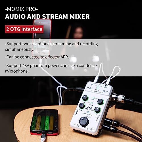JOYO Portable Audio Mixer Rechargeable USB Audio Interface with 48V Phantom Power, Stereo Output for Live Streaming, Guitar & Vocals on iPad/Phone (MOMIX PRO)