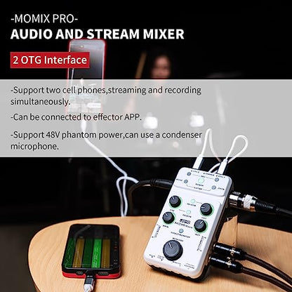 JOYO Portable Audio Mixer Rechargeable USB Audio Interface with 48V Phantom Power, Stereo Output for Live Streaming, Guitar & Vocals on iPad/Phone (MOMIX PRO)