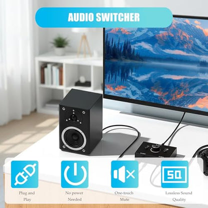 3.5mm L/R Stereo Audio Switch 2-Way Switcher Manual Selector 2(1)-in-1(2)-Out 3.5 mm Audio Selector, Plug & Play
