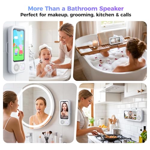 Waterproof Shower Bluetooth Speaker with Phone Holder, IPX5 Splash-Proof Wireless Bathroom Speaker for iPhone & Android, Touch Screen Shower Caddy with Strong Adhesive Hook