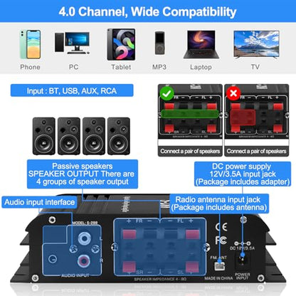 Stereo Audio Amplifier for Home Speakers S-288 Bluetooth 5.0 HiFi Mini Amp | Audio Component Amplifiers Receiver 4.0CH RMS 40Wx4 Max. 600W Integrated Power Amp W/USB,FM,Adapter - color: S-288(4.0CH 40W*4 RMS)