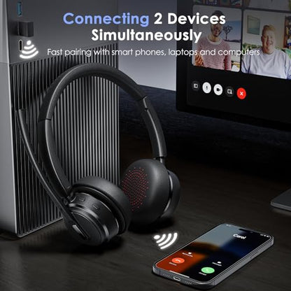 Mopchnic Bluetooth Headset with Microphone, Wireless Office Headset, ENC Noise Cancelling, USB Dongle, Charging Base, One-Tap Mute, 50H Talk Time for Zoom Teams, Call Center, Online Class