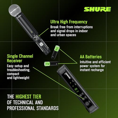 Shure BLX24/SM58 Handheld Wireless Audio System J11 Band (596–620 MHz) – BLX4 Receiver, BLX2 Transmitter with SM58 Dynamic Mic, Up to 14 Hr Battery, 300 ft Range | BLX4 Receiver, BLX2 Transmitter with SM58 Dynamic Mic, Up to 14 Hr Battery, 300 ft Range -