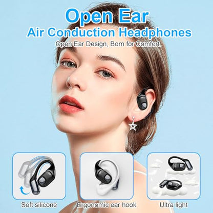 Open Ear Earbuds, Bluetooth 5.3 Wireless Air Conduction Headphones with Mic, LED Display Charging Case&Fast Charging, Ultra-Light Weight, 80H Playtime Earbuds for Work, Sports (Black) - color: Black