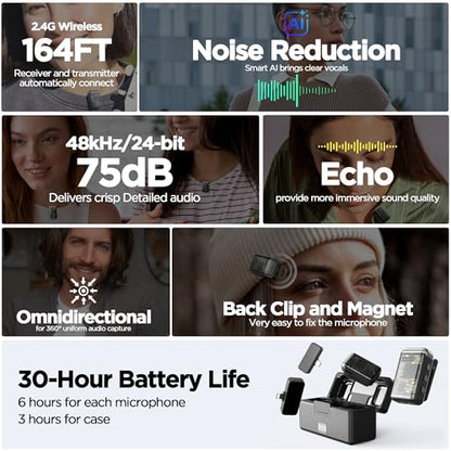 Wireless Lavalier Lapel Microphone for iPhone/Android/iPad for Video Recording with Noise Reduction/Echo/48kHz 24-bit Studio Sound, 164ft Range, 30h Battery Life, Mini Lavalier Mic for Podcast, TikTok