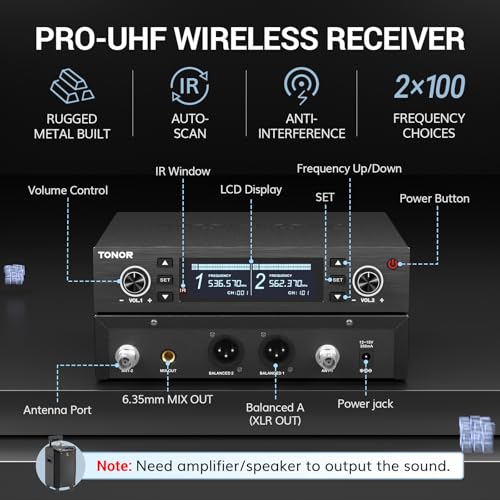 TONOR Rechargeable Wireless Microphone System, Dual Metal Handheld Cordless Mic with Box Receiver, 2x100 UHF Professional Dynamic Mic for Karaoke, Church, Singing, Wedding, DJ, 100 m/328ft, TW750 - style: Box Receiver
