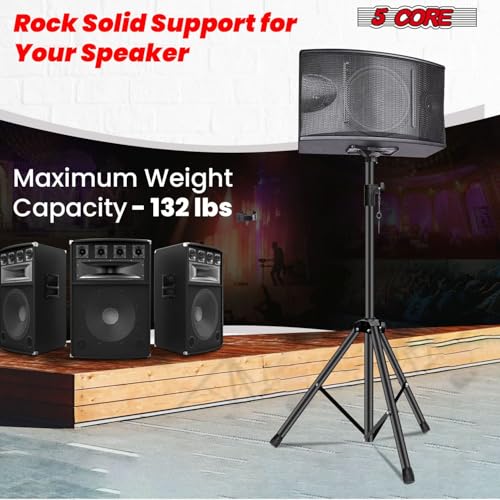 5 Core Speaker Stand Universal Mount Steel Construction 132 Lbs Capcity Stable Tripod w/Adjustable Height 72” w 35mm Compatible Insert Metal Safety Pin Black