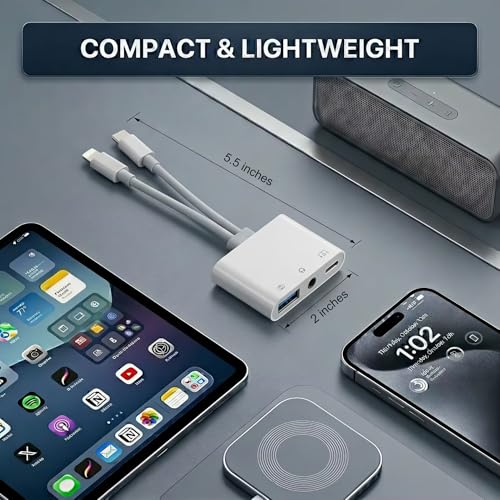 USB-C & Lightning to 3.5mm Audio Jack Adapter, Lightning to USB C Adapter with USB-A OTG Port and 3-in-1 USB-C Port for Charging, Data Transfer & Aux Audio, Compatible with iPhone17 iPad Galaxy S26