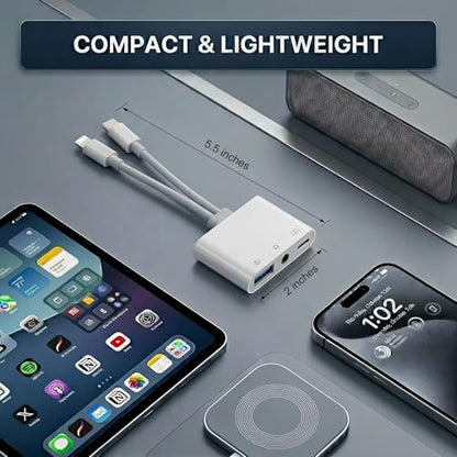 USB-C & Lightning to 3.5mm Audio Jack Adapter, Lightning to USB C Adapter with USB-A OTG Port and 3-in-1 USB-C Port for Charging, Data Transfer & Aux Audio, Compatible with iPhone17 iPad Galaxy S26