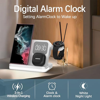AYI 4in1 Multi Functional Wireless Charging Station with Digital Alarm Clock 15W Fast Charger Night Light Wireless Charger for All Qi Phone and Earbud Headphone Compliant with i-Watch-B22 White - color: Wireless Charger B22 White
