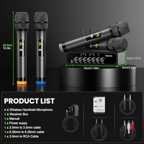 Wireless Microphone System Karaoke 4 Channel UHF Cordless Handheld Dynamic Mic with Bluetooth Receiver Box + Volume Control Echo Mic Work Range 165ft for Karaoke PA System DJ Mixer Party - size: 4 Channel UHF Cordless Handheld Dynamic Mic