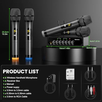 Wireless Microphone System Karaoke 4 Channel UHF Cordless Handheld Dynamic Mic with Bluetooth Receiver Box + Volume Control Echo Mic Work Range 165ft for Karaoke PA System DJ Mixer Party - size: 4 Channel UHF Cordless Handheld Dynamic Mic