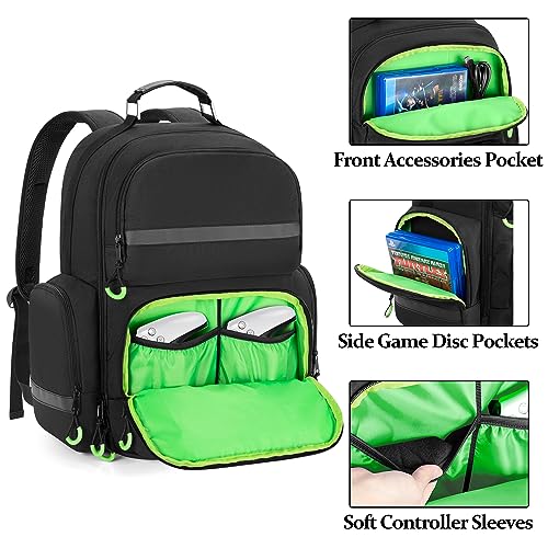 PGmoon Console Backpack Compatible with Playstation 5/PS5 Slim/PS5 Pro | Travel Carrying Case Bag with Protective Liner, Fits 15.6" Laptop, Controllers and Most Gaming Accessories (Patent Design) - color: Green
