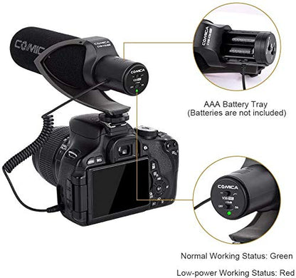 CVM-V30 PRO BLACK Super-Cardioid Directional Electric Condenser Shotgun Camera & Video Microphone for Canon Nikon Sony Panasonic Fujifilm Olympus DSLR Camera for Both 3.5mm & XLR + Dual Bracket