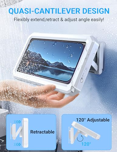 Coolpow Shower Phone Holder Waterproof【480°Rotatable】 Retractable Adjustable Shower Phone Case Shower Bathroom Wall Phone Mount Stand Water Proof Anti Fog Case for 4-7" Cellphones Shower Accessories - color: White