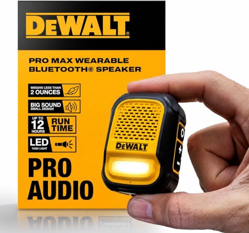 DEWALT Heavy Duty Wearable Bluetooth Speaker Pro Max (New Model) Jobsite Clip-On Mini Speaker w/LED Work Light, IP56 Water Resistant, 12H Runtime, Built-in Mic & Multi-Speaker Link - color: New
