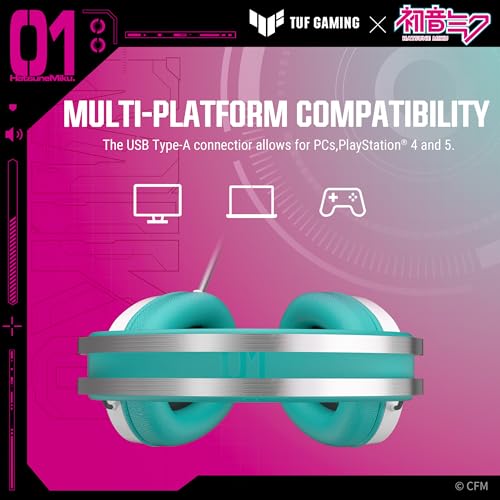 ASUS TUF Gaming H1 Gaming Headset Wired, Discord Certified Mic - Aqua | 40mm Drivers, Virtual 7.1 Surround Sound, TeamSpeak-Certified Mic, Removeable Ear Cushions, for PC, PS5