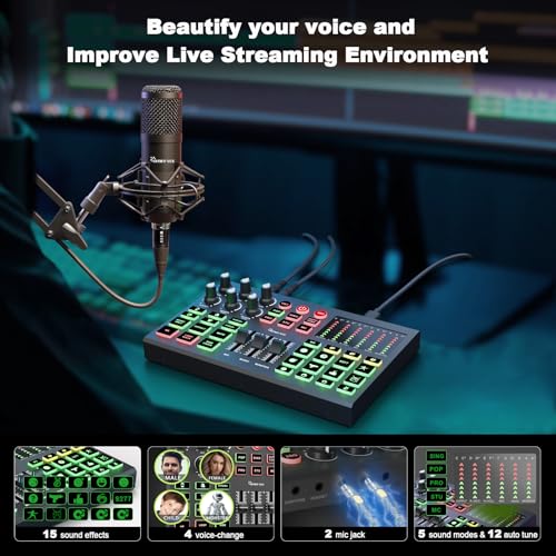 Podcast Equipment Bundle for 2, Audio Interface Mixer with Condenser Microphones, Noise Cancellation, Voice Change, 48V Phantom for Podcasting, Streaming, Recording, Gaming, TikTok, PC, Phone (V1)