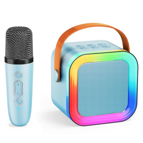 Kids Karaoke Machine Toy Ages 3-12, Wireless Mic BT Speaker, Blue - 1 Mic | Voice Changer, LED Party Lights, Duets, BT 5.3, Mini Rechargeable Portable, Christmas Birthday Gifts for Toddler Boys & Girls - color: Blue - 1